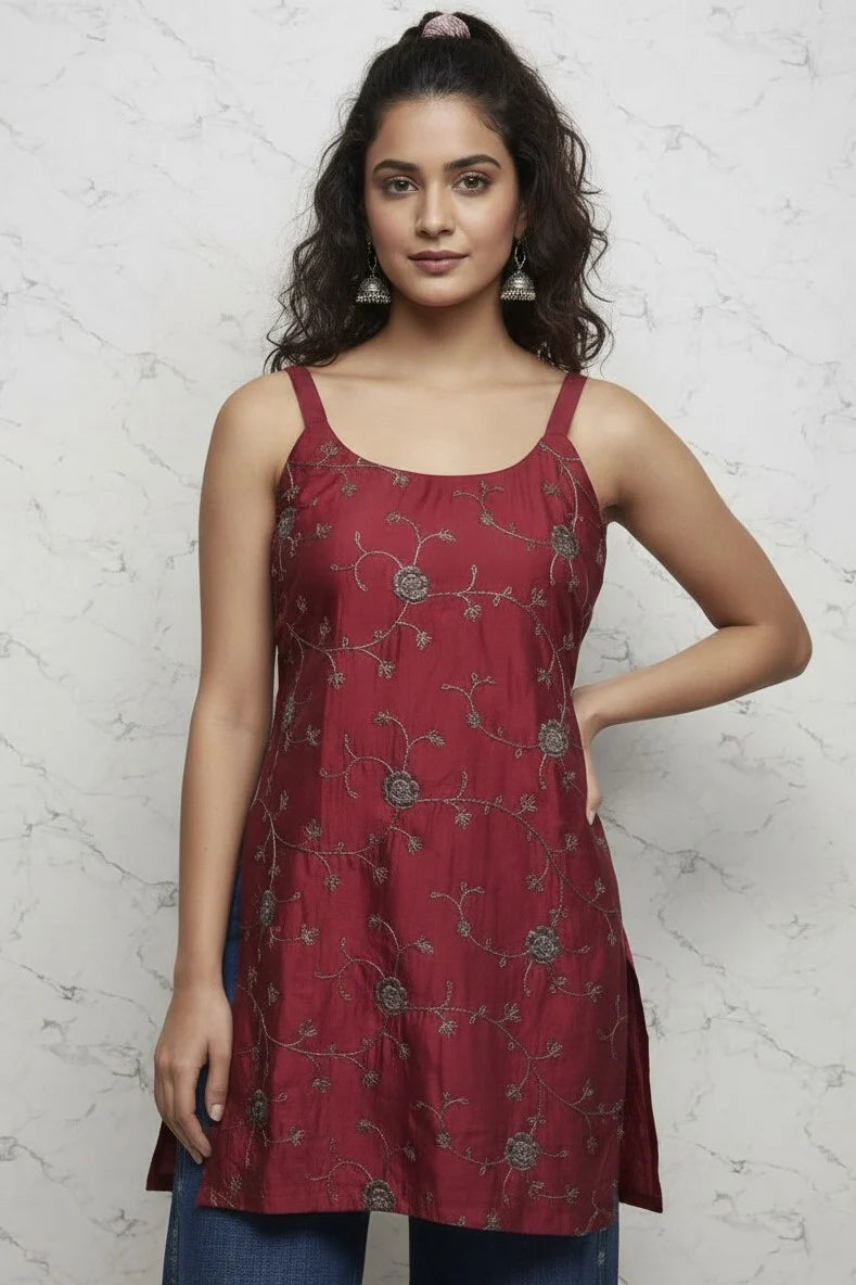 Maroon Embroidered Sleeveless Short Kurti for Women | Floral Cotton Ladies Kurti