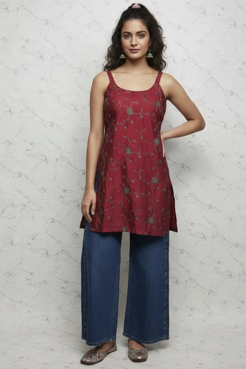 Women's Maroon Sleeveless Embroidered Kurti | Short Floral Cotton Ladies Kurti