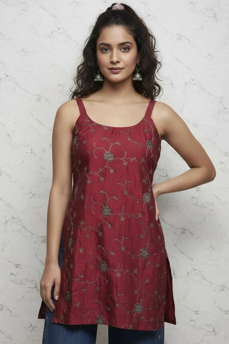 Maroon Short Embroidered Kurti for Women | Sleeveless Floral Cotton Ladies Kurti