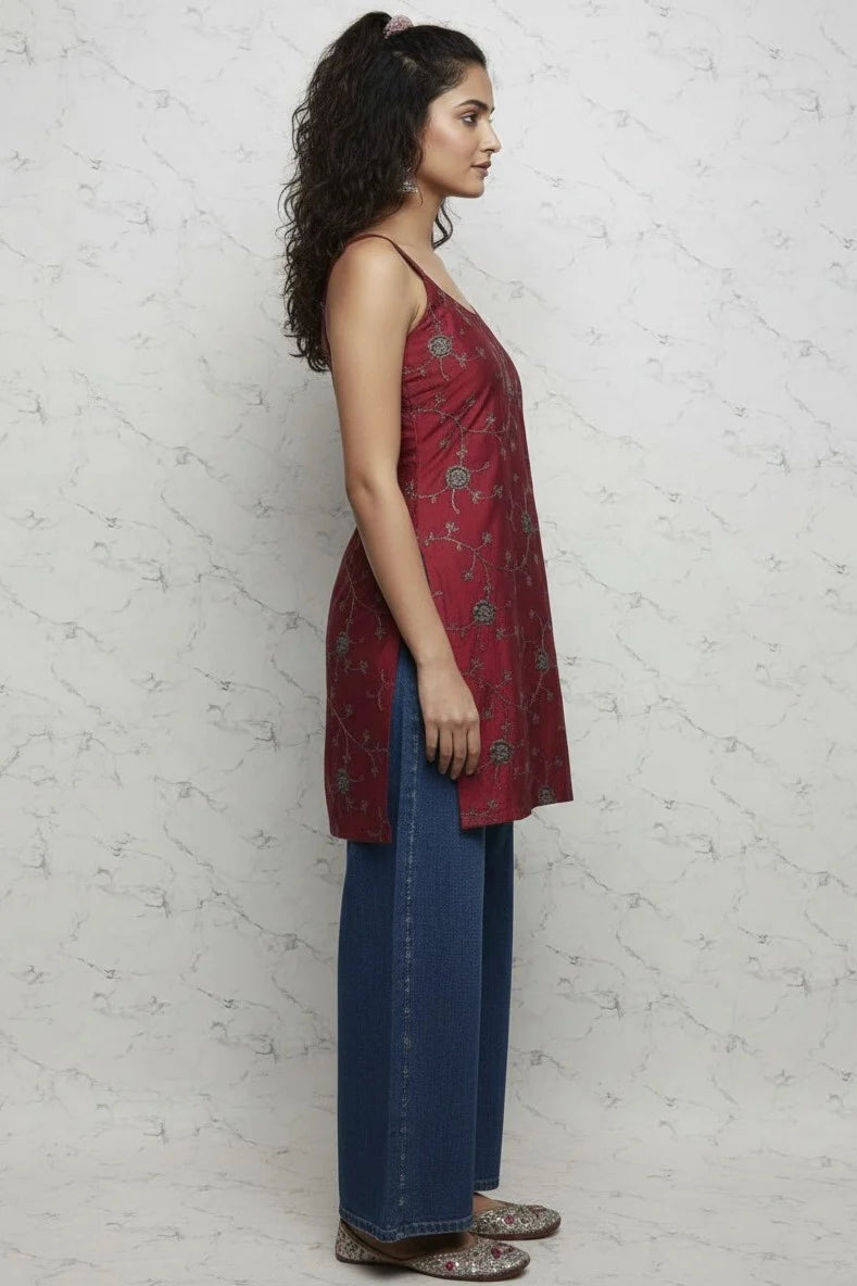 Floral Embroidered Maroon Kurti | Short Sleeveless Cotton Kurti for Women