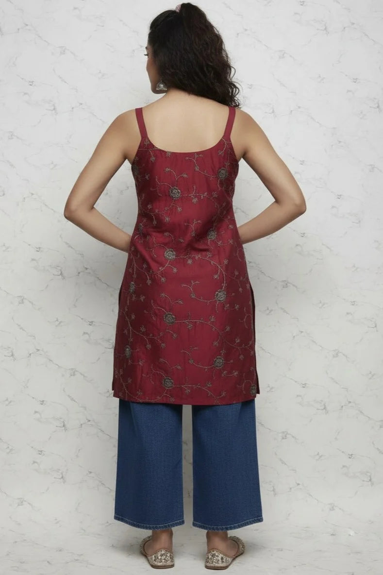 Maroon Embroidered Short Kurti Ladies | Sleeveless Floral Cotton Festive Ethnic