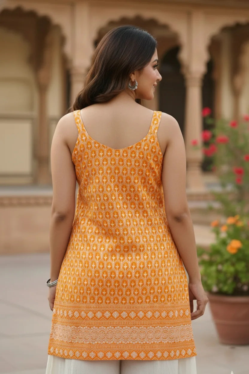Women's Orange Chikankari Kurti | Short Sleeveless Embroidered Cotton Ladies Kurti