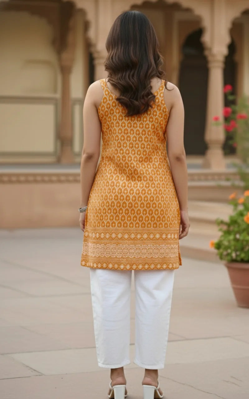 Orange Cotton Chikankari Kurti | Short Sleeveless Embroidered Ladies Kurti Online