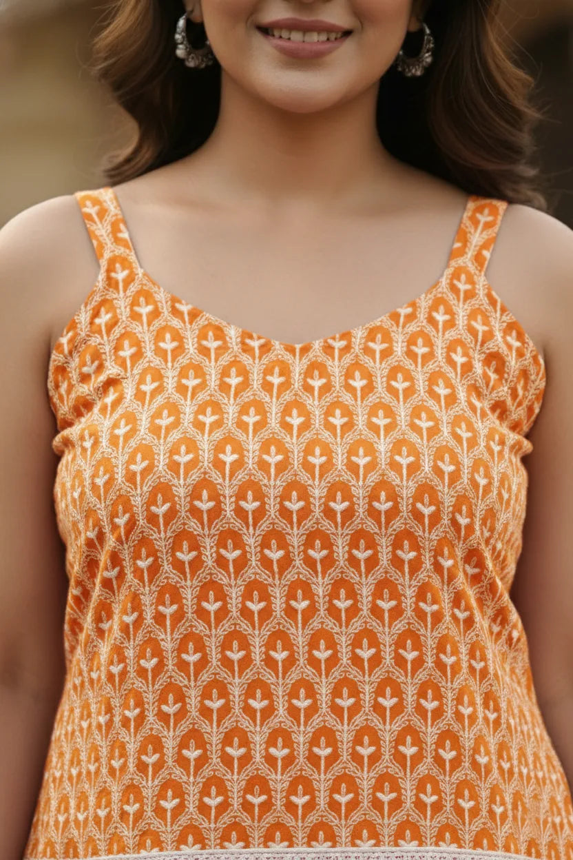 Short Orange Chikankari Kurti for Women | V Neck Sleeveless Embroidered Cotton