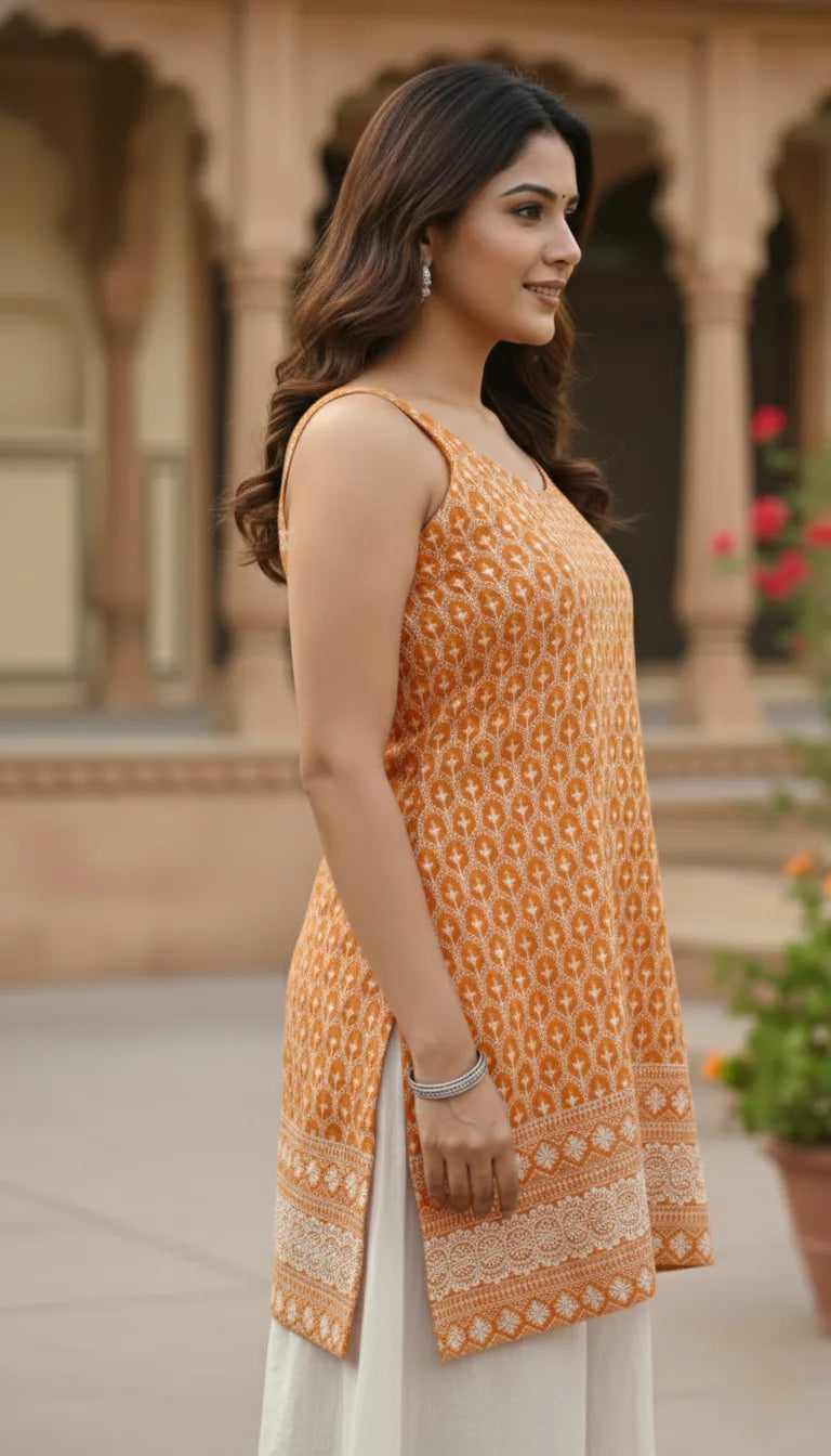 Chikankari Embroidered Orange Kurti | Short Sleeveless Cotton Kurti for Women
