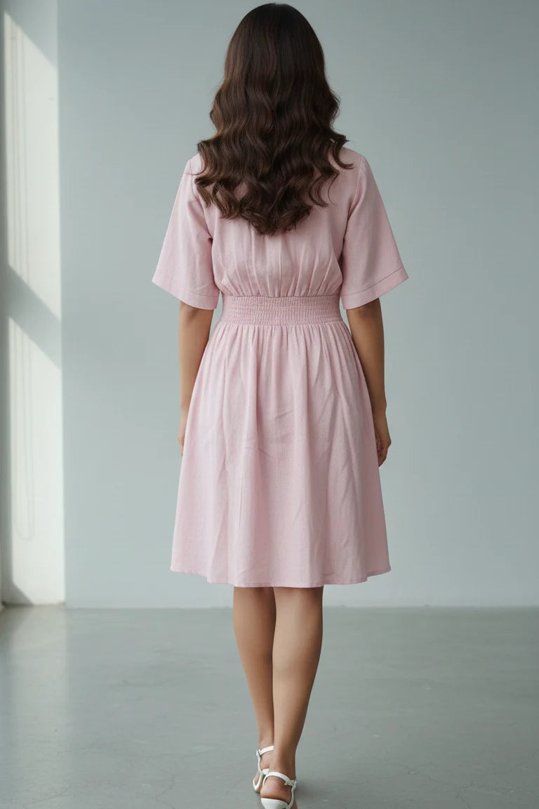 Pink A-Line Midi Dress for Women | Collared Shirt Dress Party Casual Wear