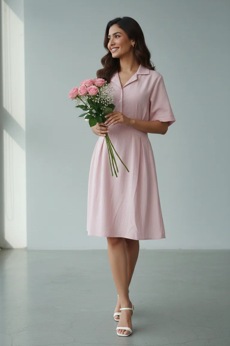 Women's Pink Shirt Dress | Collared A-Line Midi Dress Casual Formal Wear