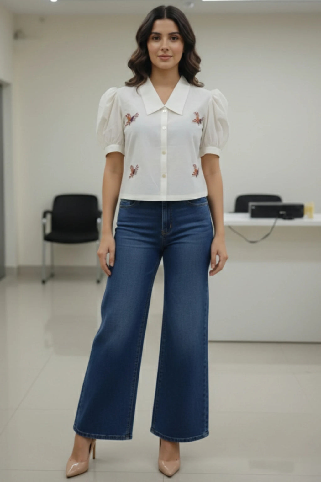 Casual Embroidered White Shirt Women | Office Wear Puff Sleeve Top