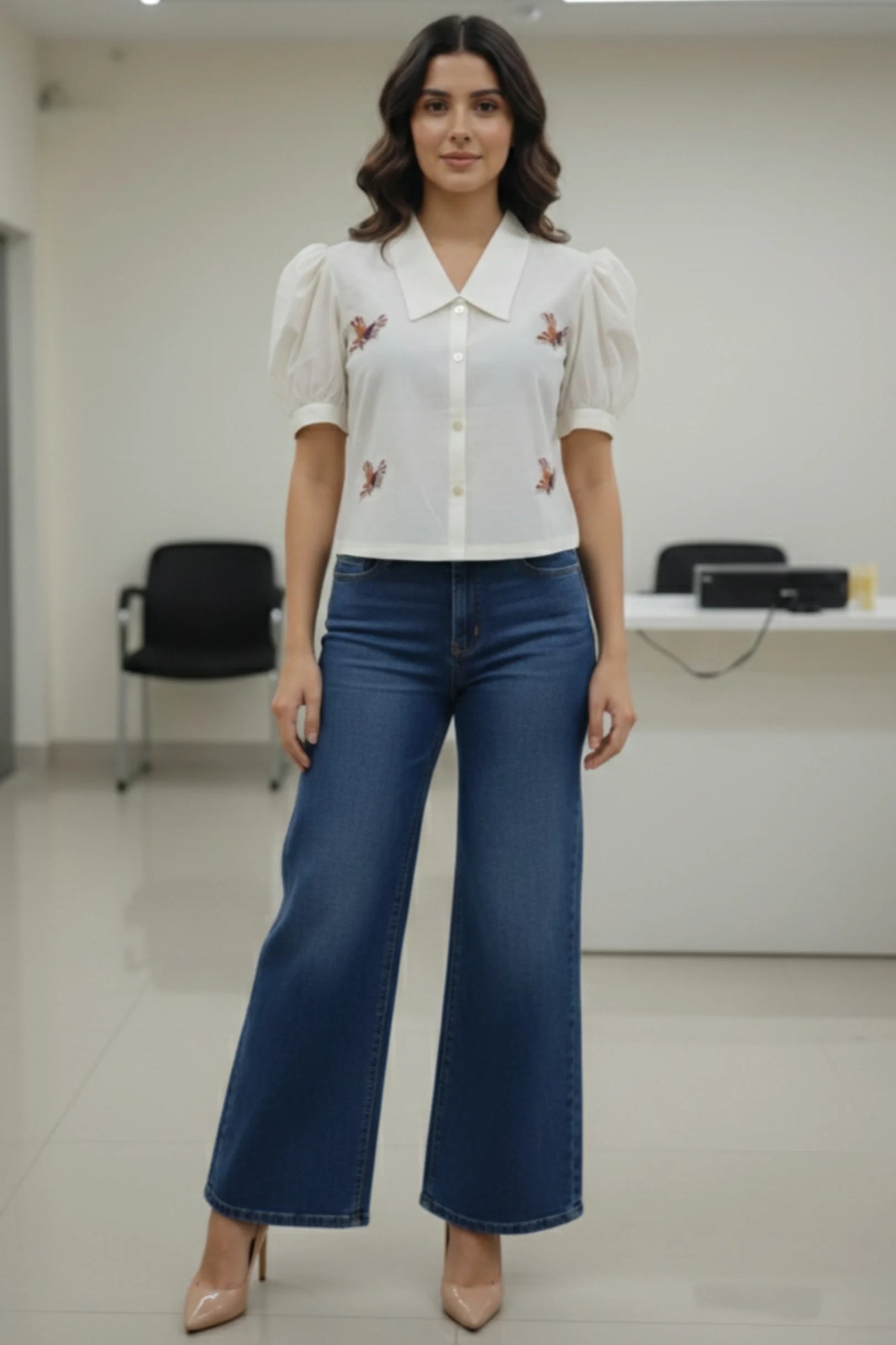 Casual Embroidered White Shirt Women | Office Wear Puff Sleeve Top