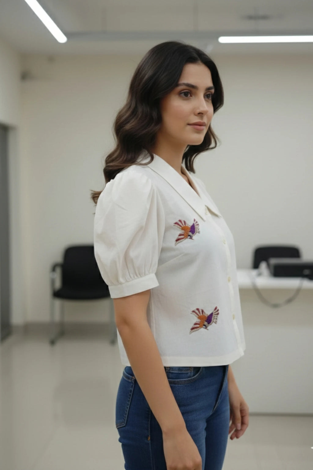 White Cotton Embroidered Puff Sleeve Shirt | Women's Ethnic Fusion Top