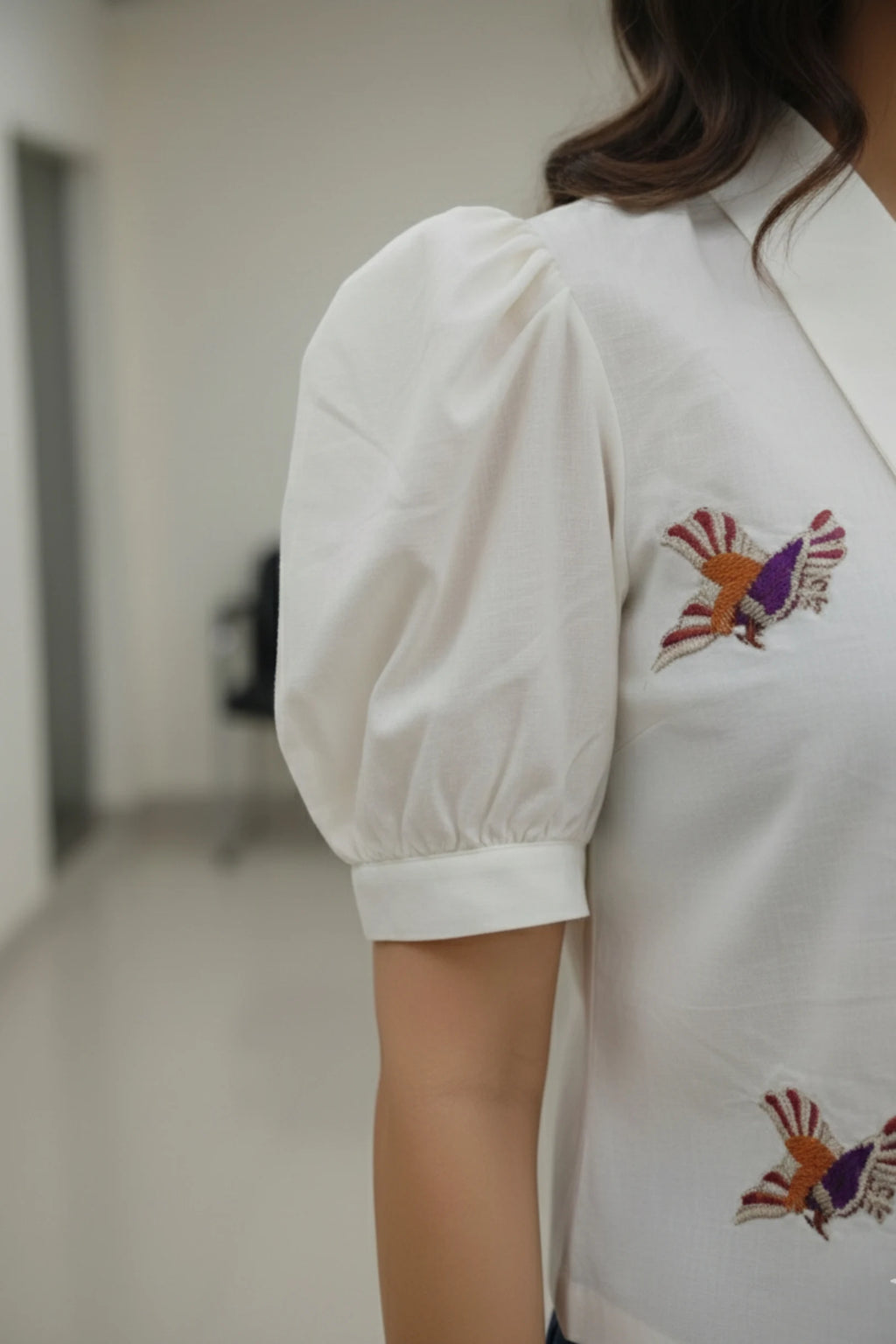Bird Floral Embroidered White Shirt | Puff Sleeve Women's Top India