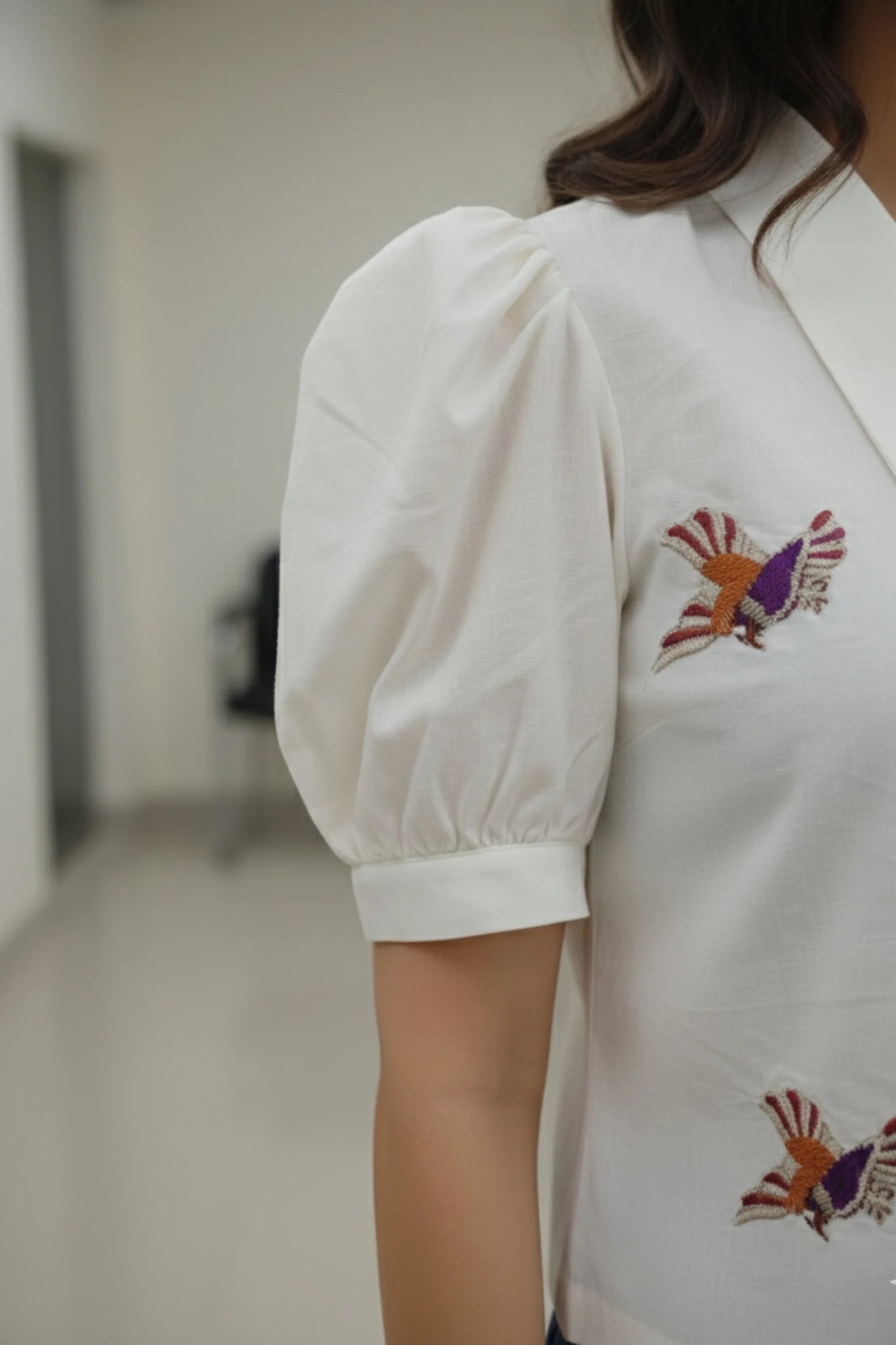 Bird Floral Embroidered White Shirt | Puff Sleeve Women's Top India