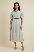 White Black Striped Silk Midi Dress for Women | Shirt Dress with Belt Party
