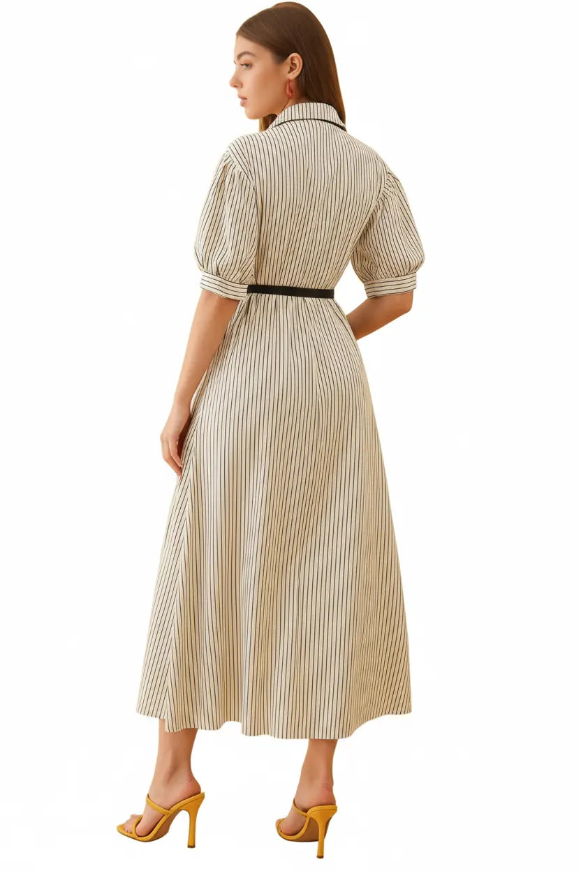 White Black Striped Silk Midi Shirt Dress | Long Formal Dress for Women Belt