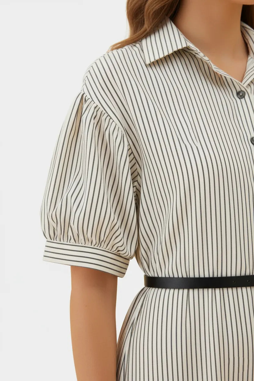 Women's White Silk Striped Shirt Dress | Black Stripe Midi Dress with Belt