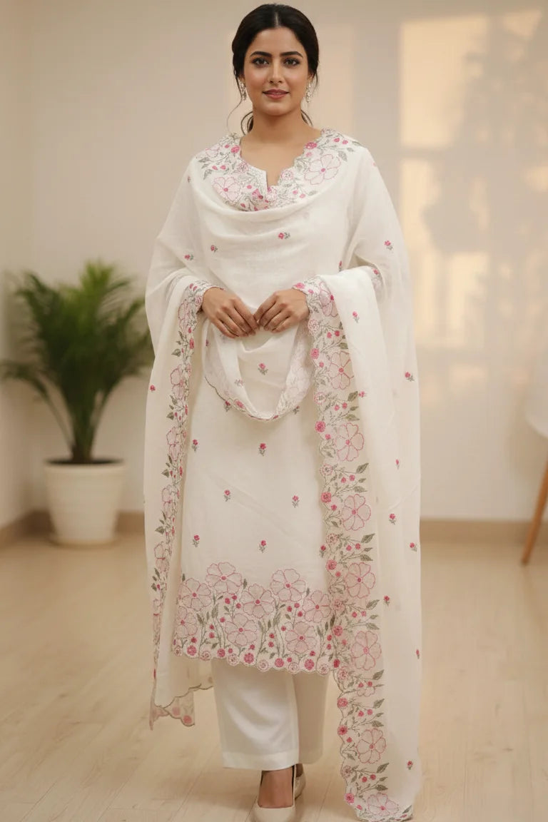 White Embroidered Kurti Set with Dupatta | Floral Cotton Kurti Pant Set for Women