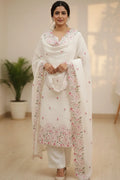 White Embroidered Kurti Set with Dupatta | Floral Cotton Kurti Pant Set for Women