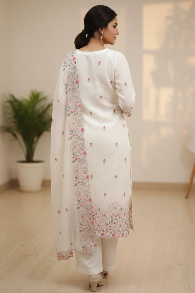Long White Embroidered Kurti Pant Set with Dupatta | Stylish Ladies Kurti Set