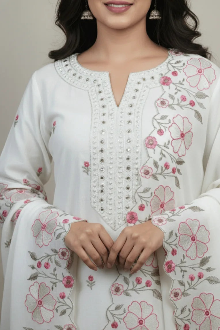 Designer White Kurti Set with Dupatta | Floral Embroidered Cotton Kurti for Women
