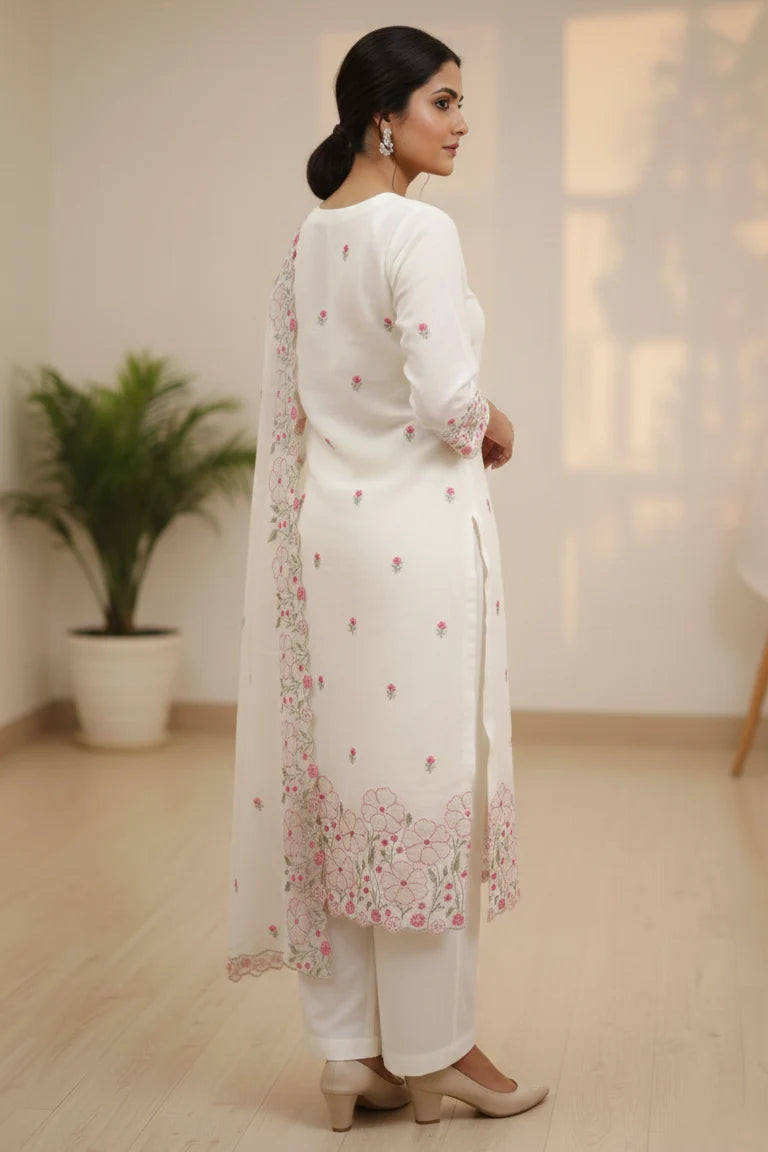 Designer White Embroidered Kurti for Women | Cotton Kurti Set with Dupatta