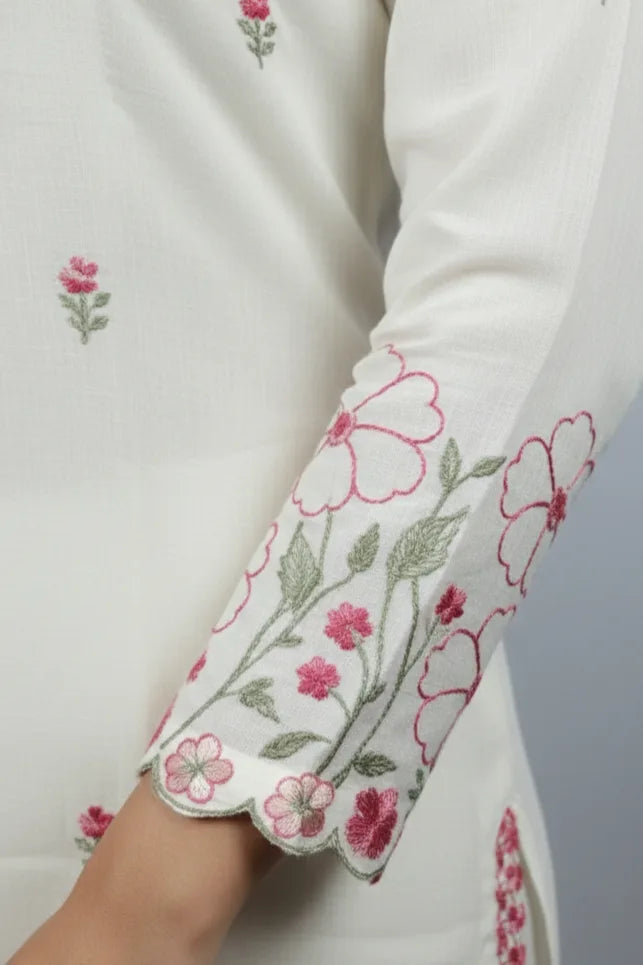 White Embroidery Kurti with Dupatta | Cotton Kurti Pant Set Floral Ladies