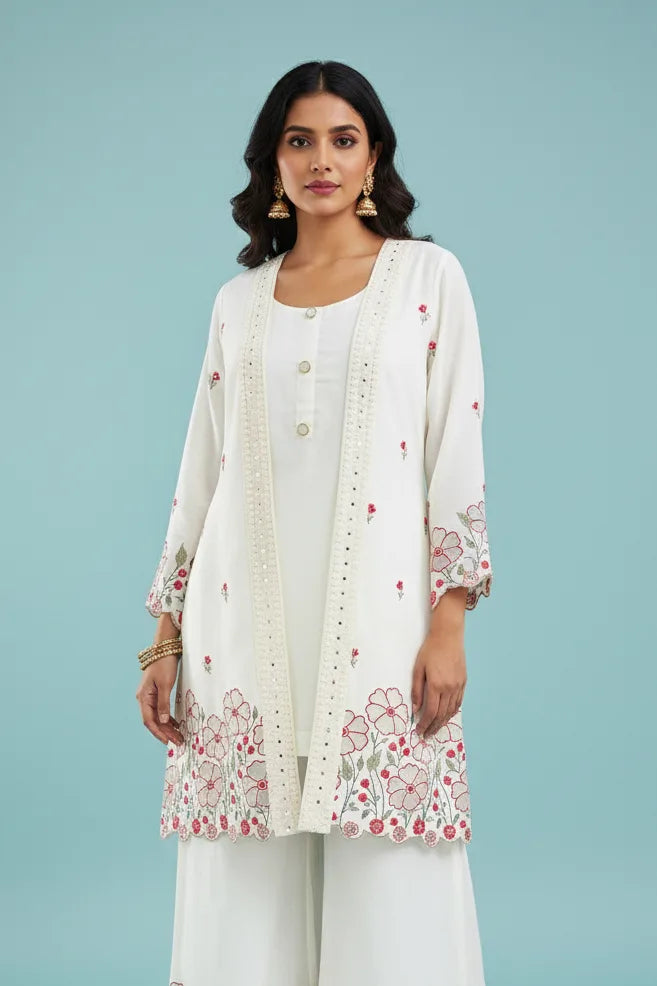 White Kurti Palazzo Set with Dupatta | Floral Embroidered Cotton Ladies Kurti