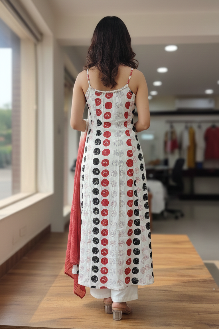 White Printed Sleeveless Kurti with Dupatta | Circle Print Cotton Kurti Set Women
