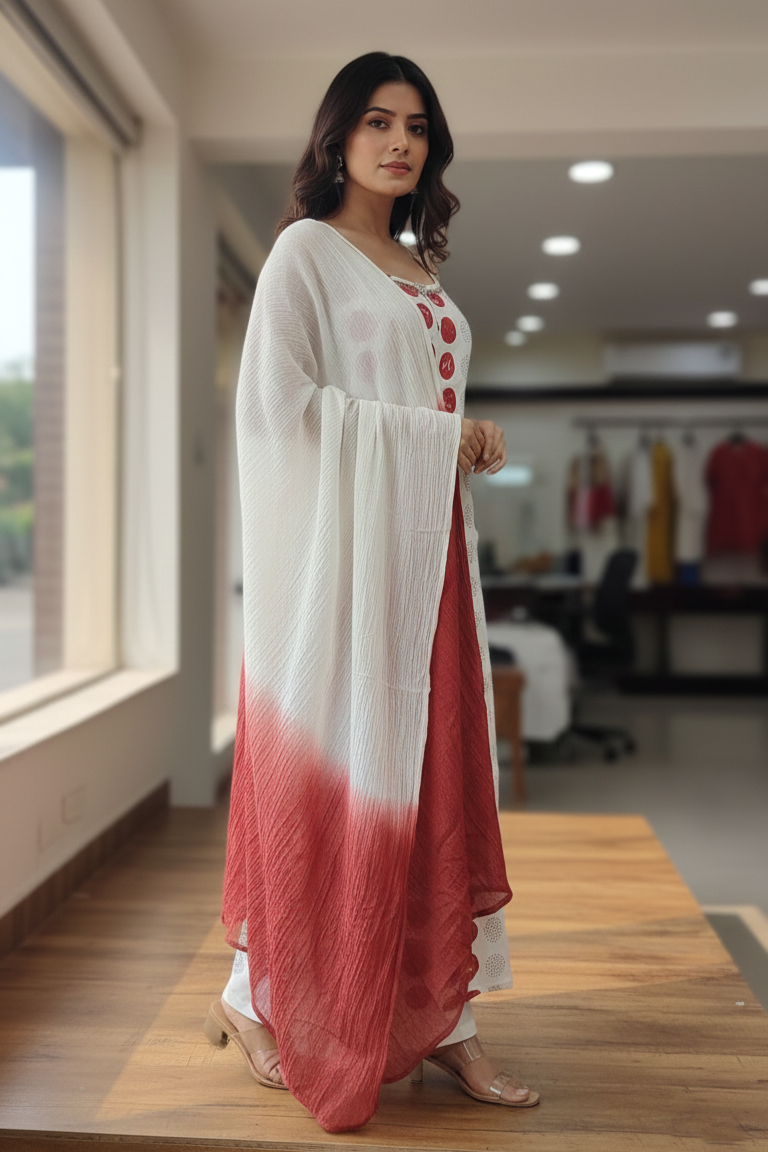 Circle Printed White Sleeveless Kurti | Kurta Dupatta Set Cotton Ladies Wear