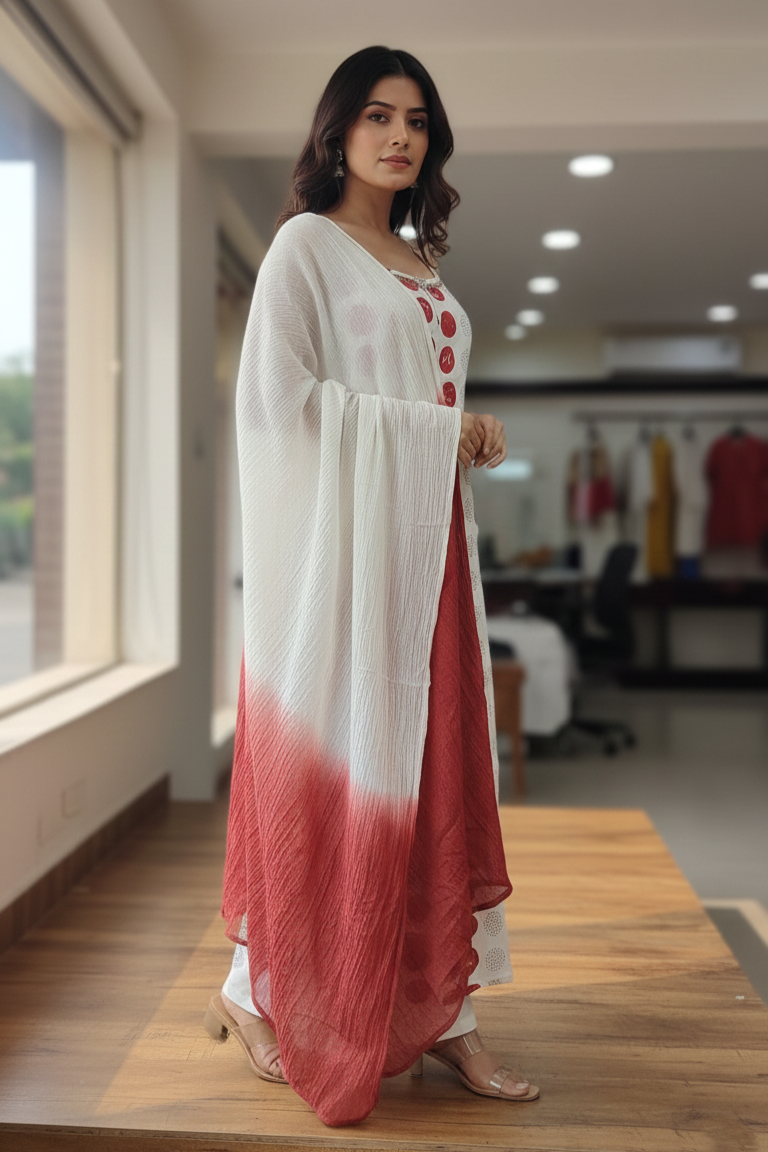 White Printed Kurti Dupatta Set | Sleeveless Circle Print Embroidery Kurti Women