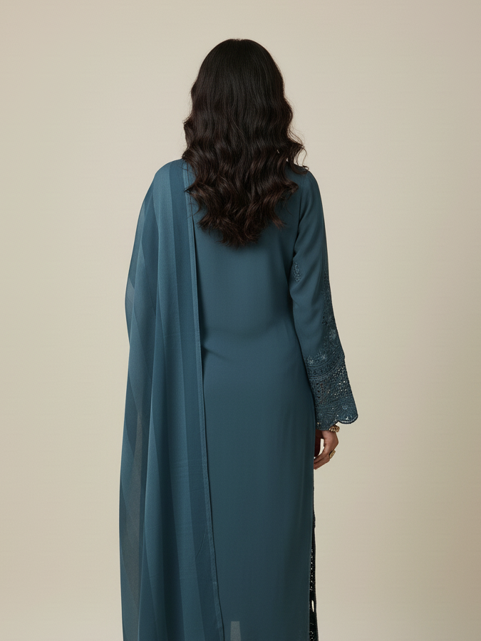 Get the full ethnic experience in this blue suit. This complete suit set for women includes a detailed embroidered suit and matching palazzo.