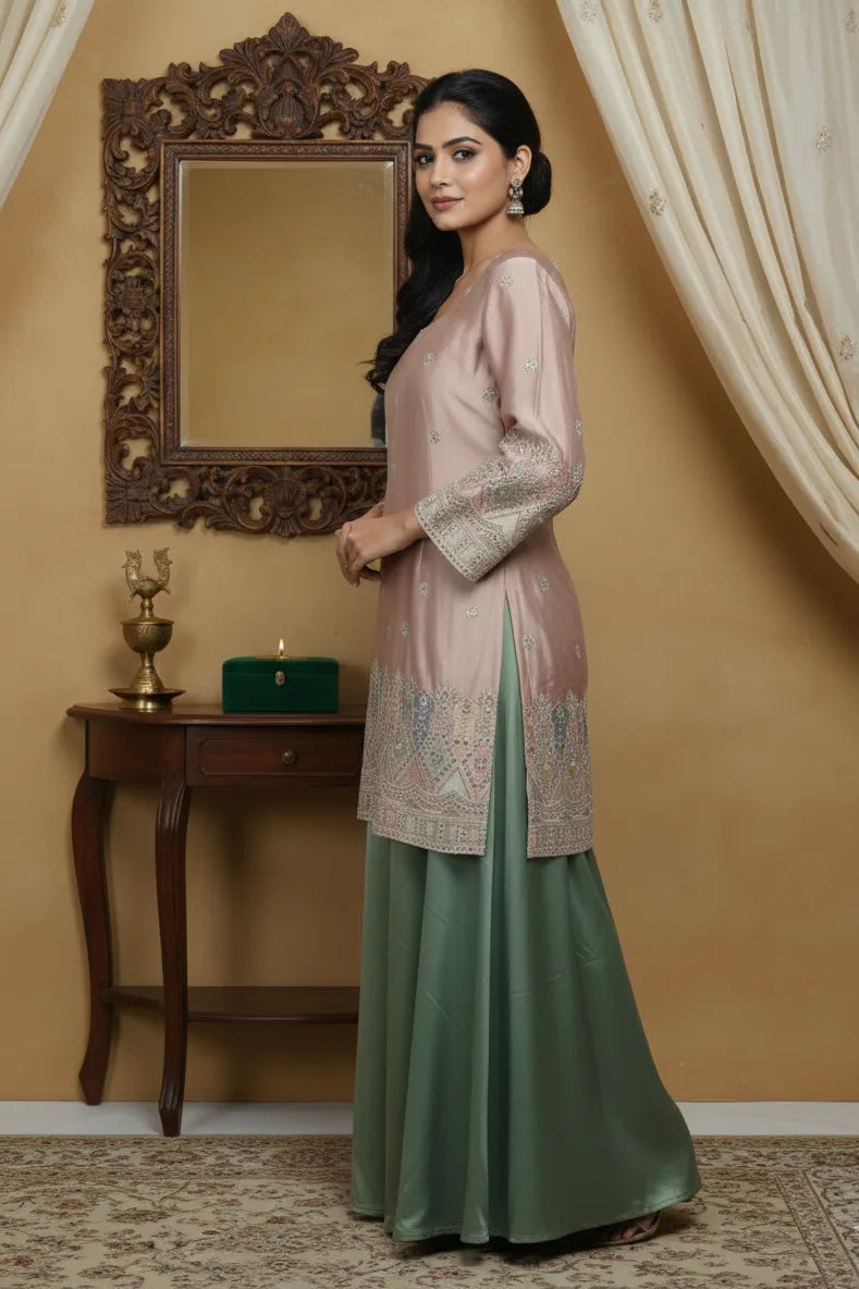 Stylish trending kurta palazzo set featuring a short silk kurta paired with palazzo. Designed with modern kurta dizain new and elegant korta dijain, this kurti and palazzo set or plazo set for women is perfect for casual and festive occasions.