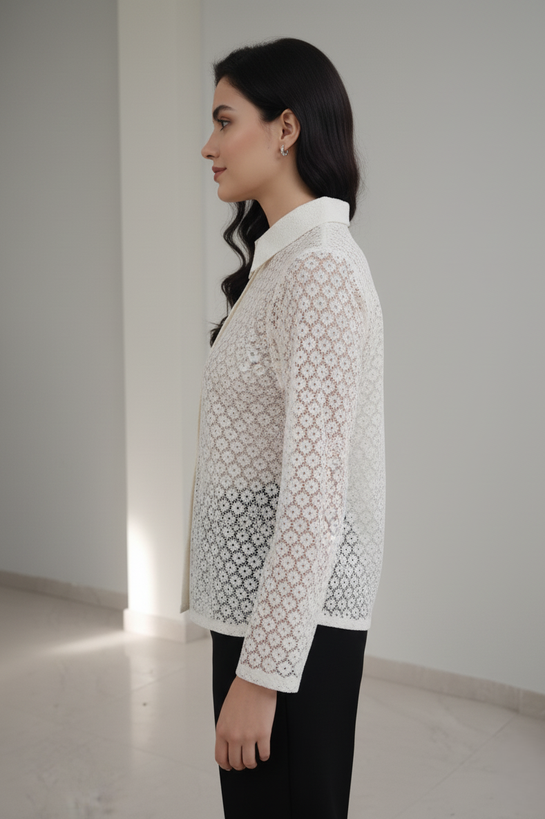 Transition from desk to dinner in this Korean white sheer top women. A polished and professional take on the classic white sheer shirt with a contemporary Korean flair.
