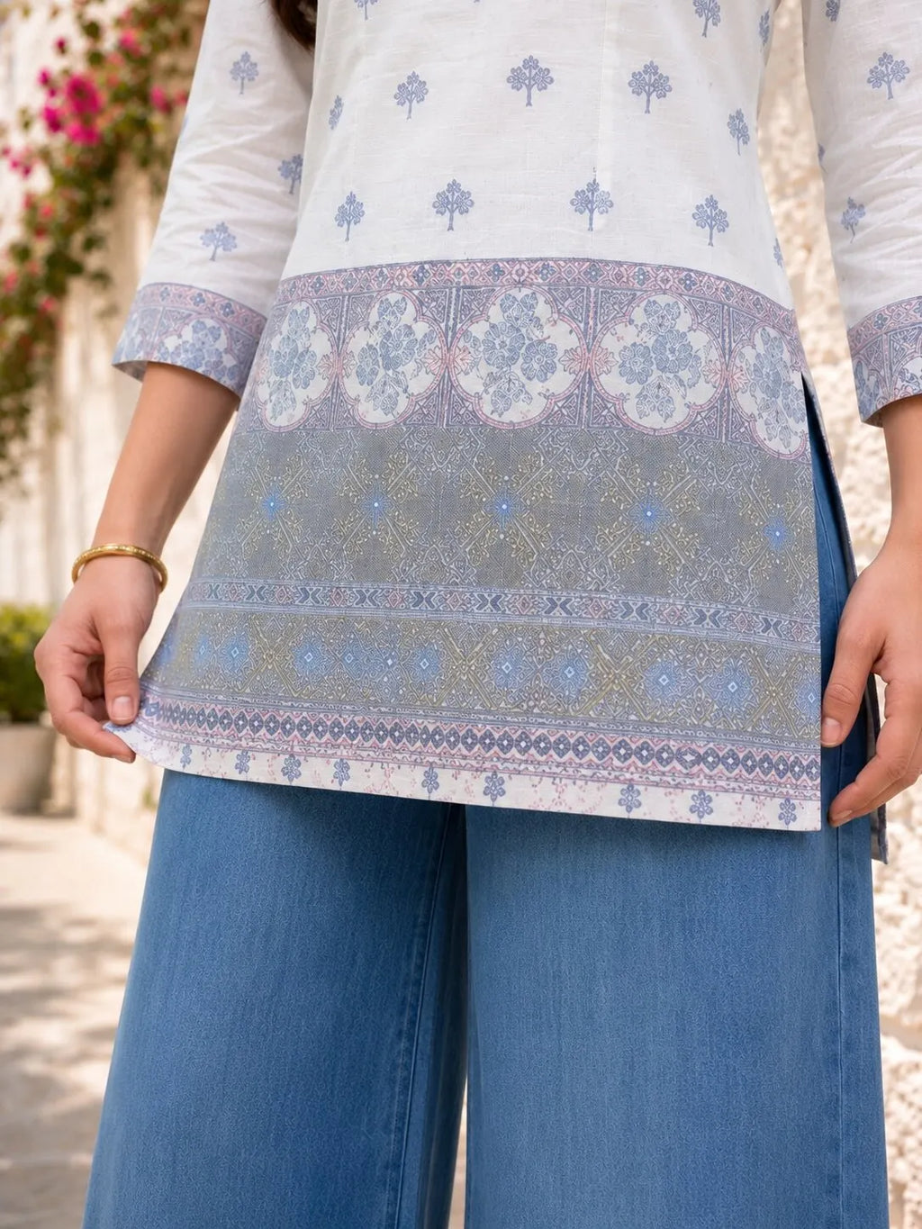 White & Blue Cotton Short Kurti for Women