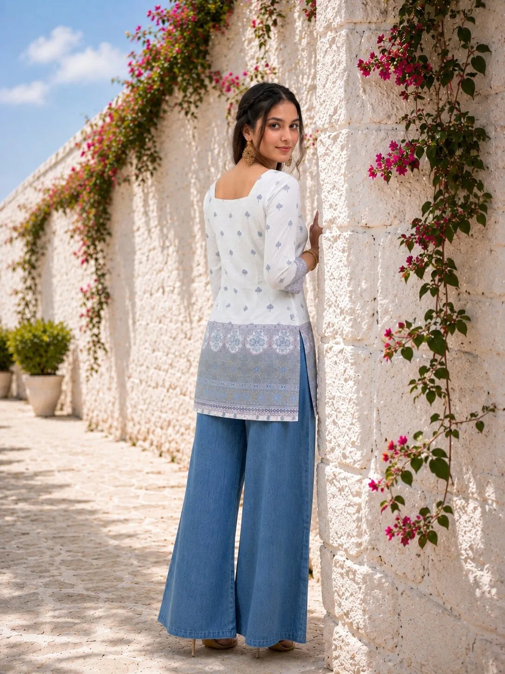 White & Blue Cotton Short Kurti for Women