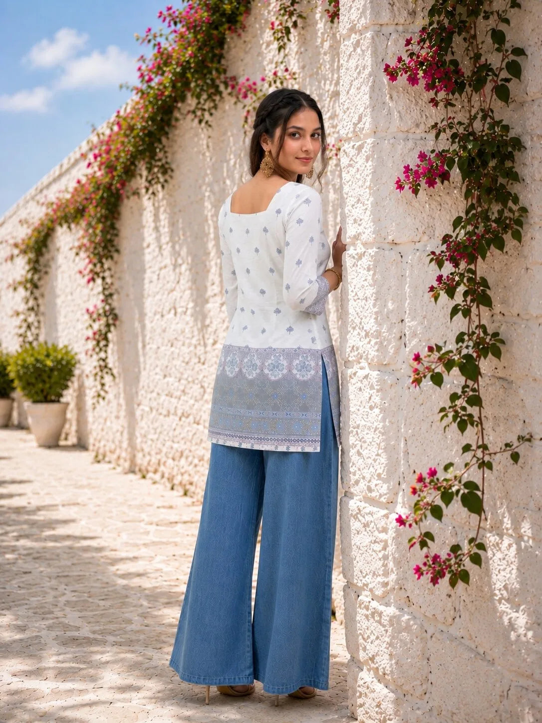White & Blue Cotton Short Kurti for Women