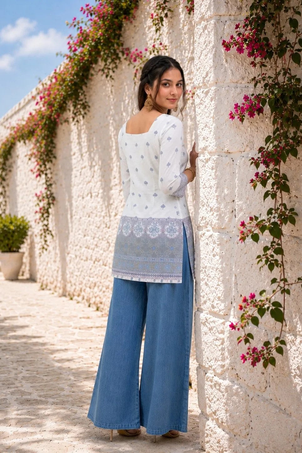 White & Blue Cotton Short Kurti for Women