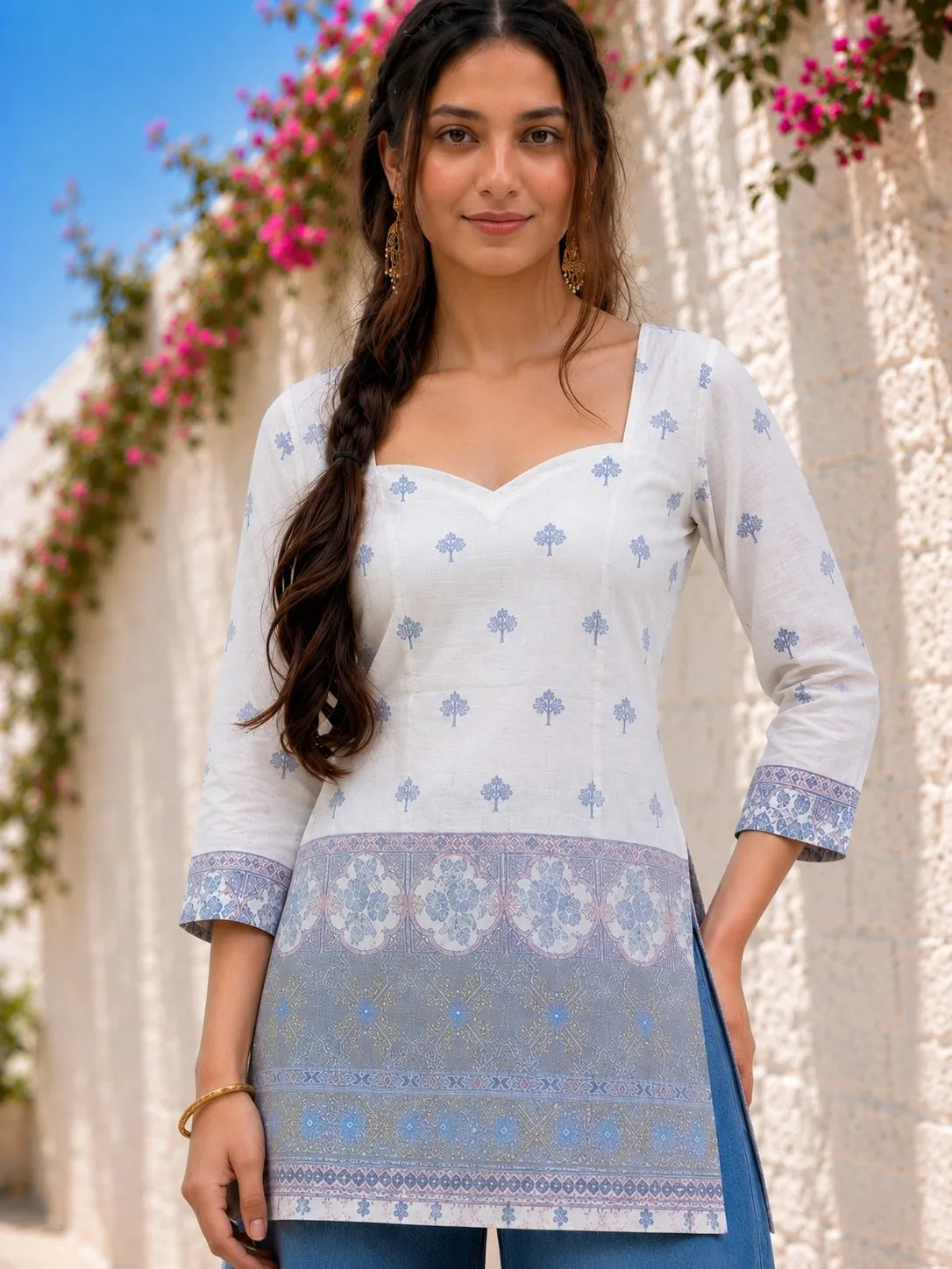 White & Blue Cotton Short Kurti for Women