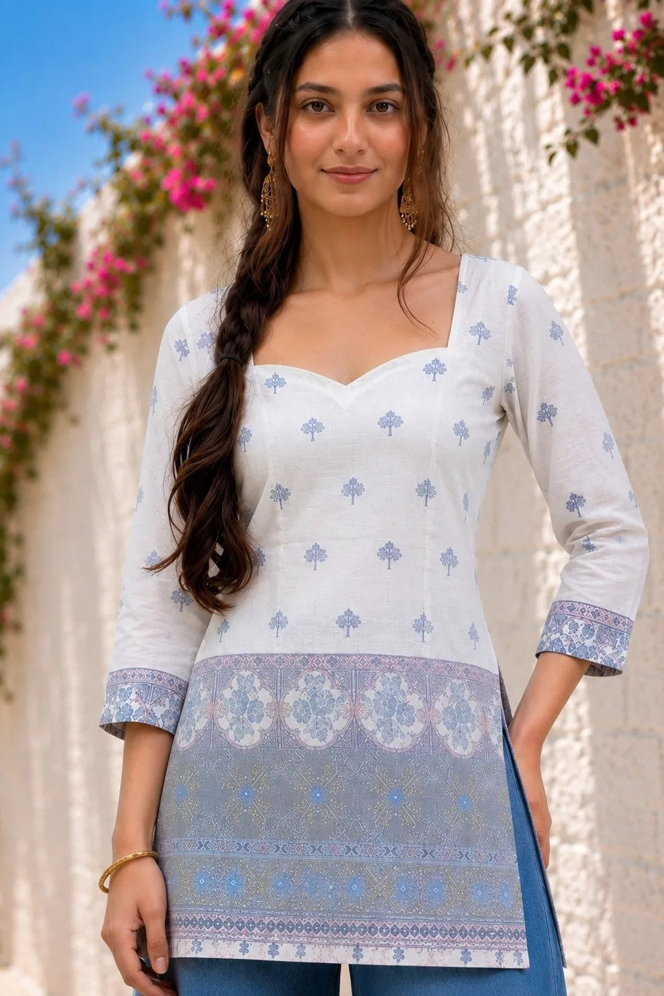 White & Blue Cotton Short Kurti for Women