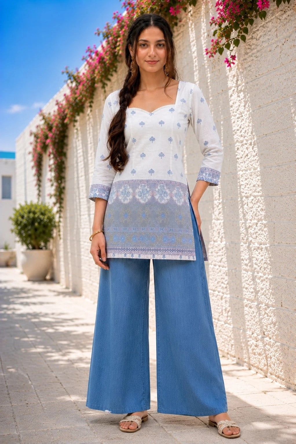 White & Blue Cotton Short Kurti for Women