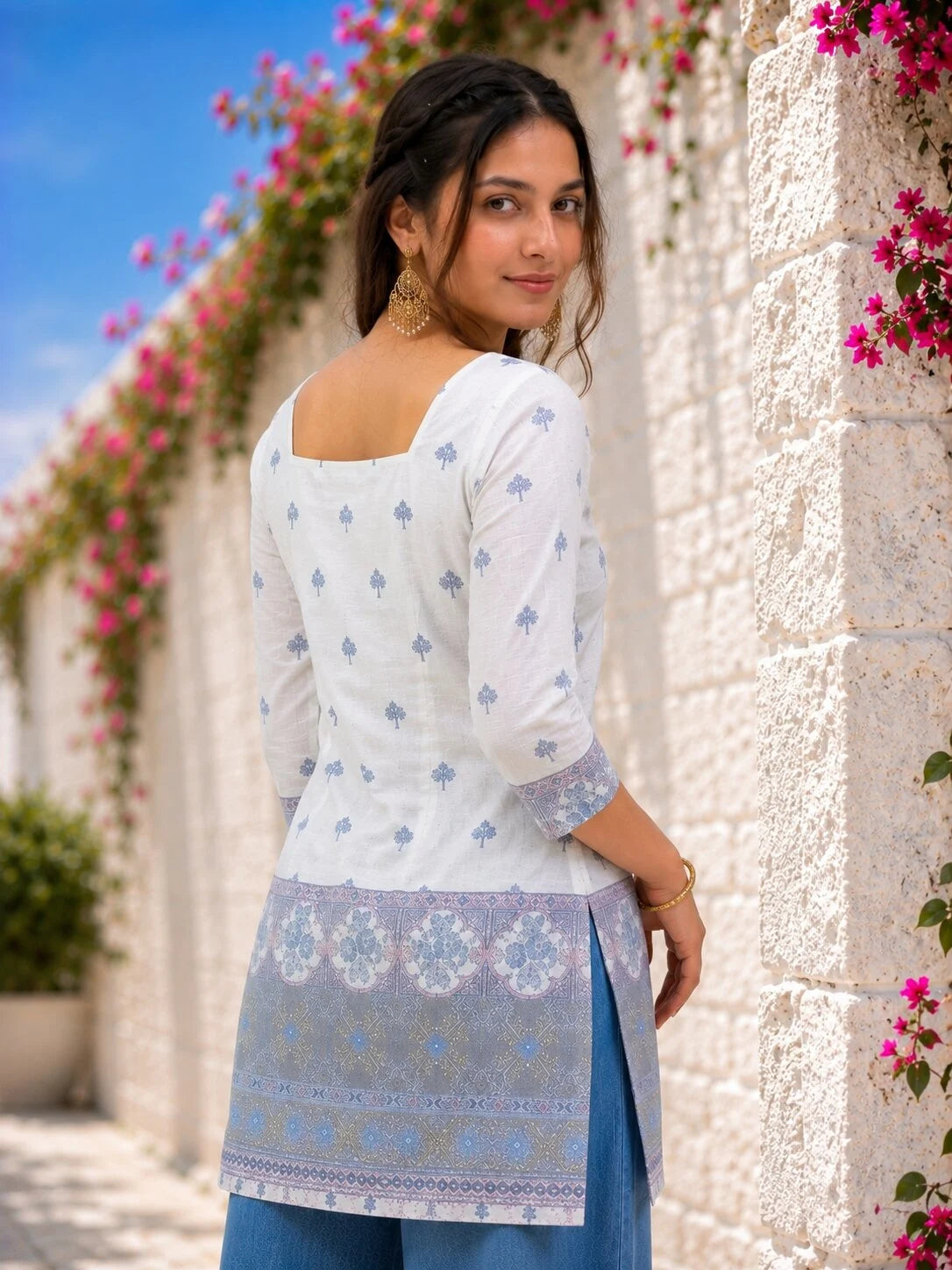White & Blue Cotton Short Kurti for Women