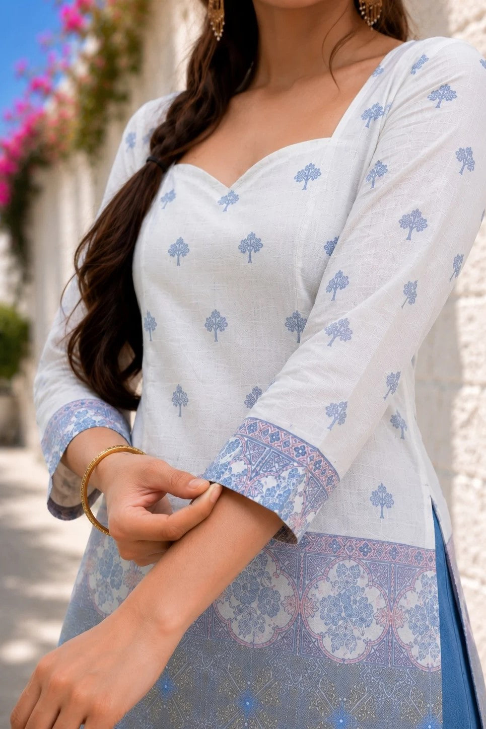 White & Blue Cotton Short Kurti for Women