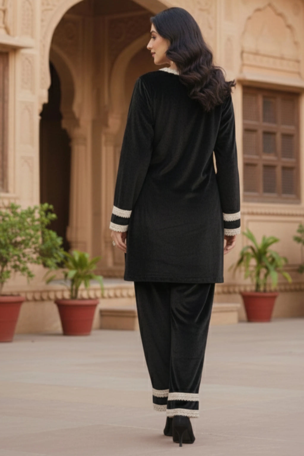 Women velvet kurta palazzo set, party wear kurta pant set for women, festive ethnic suit set