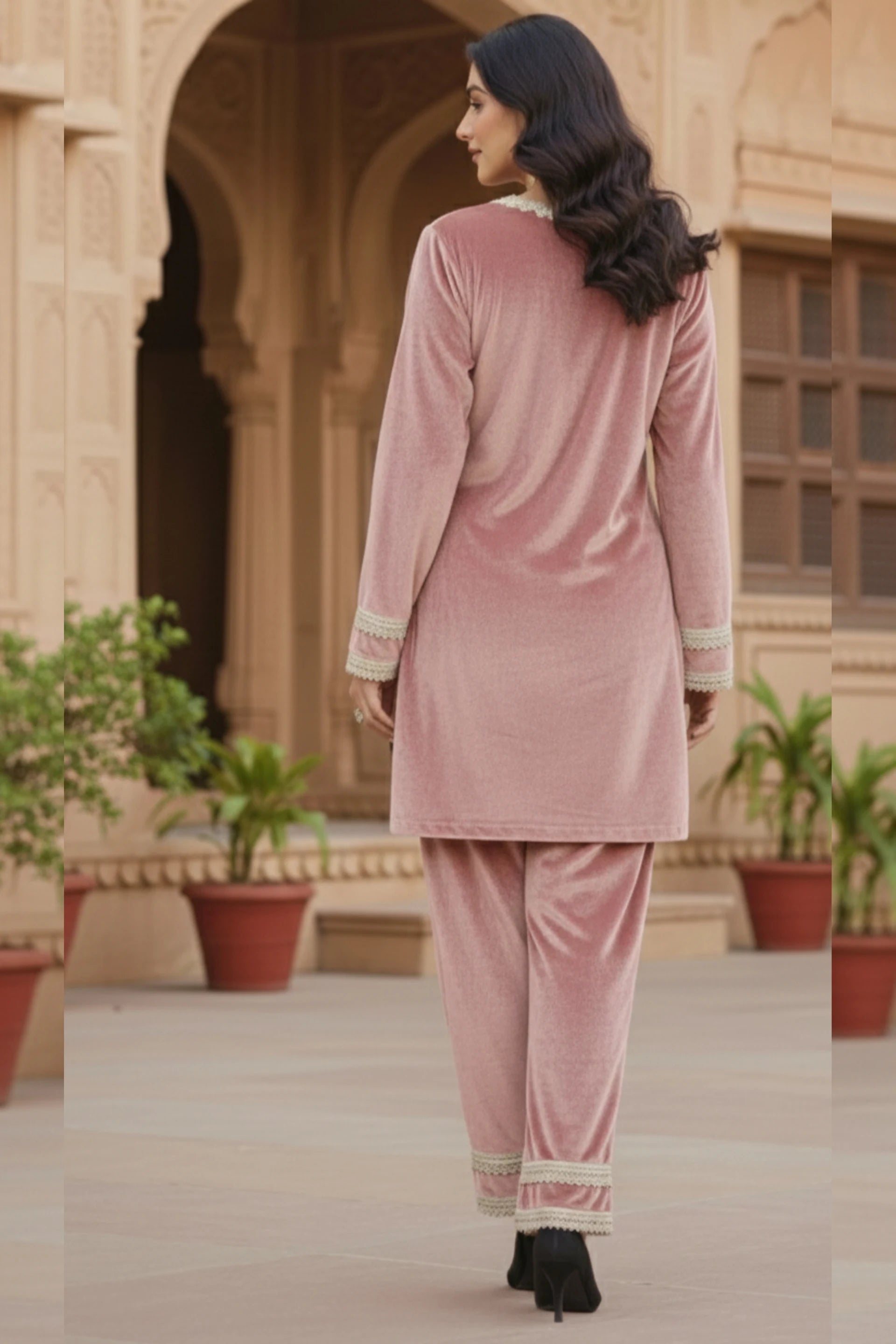 Women velvet kurta palazzo set, party wear kurta pant set for women, festive ethnic suit set
