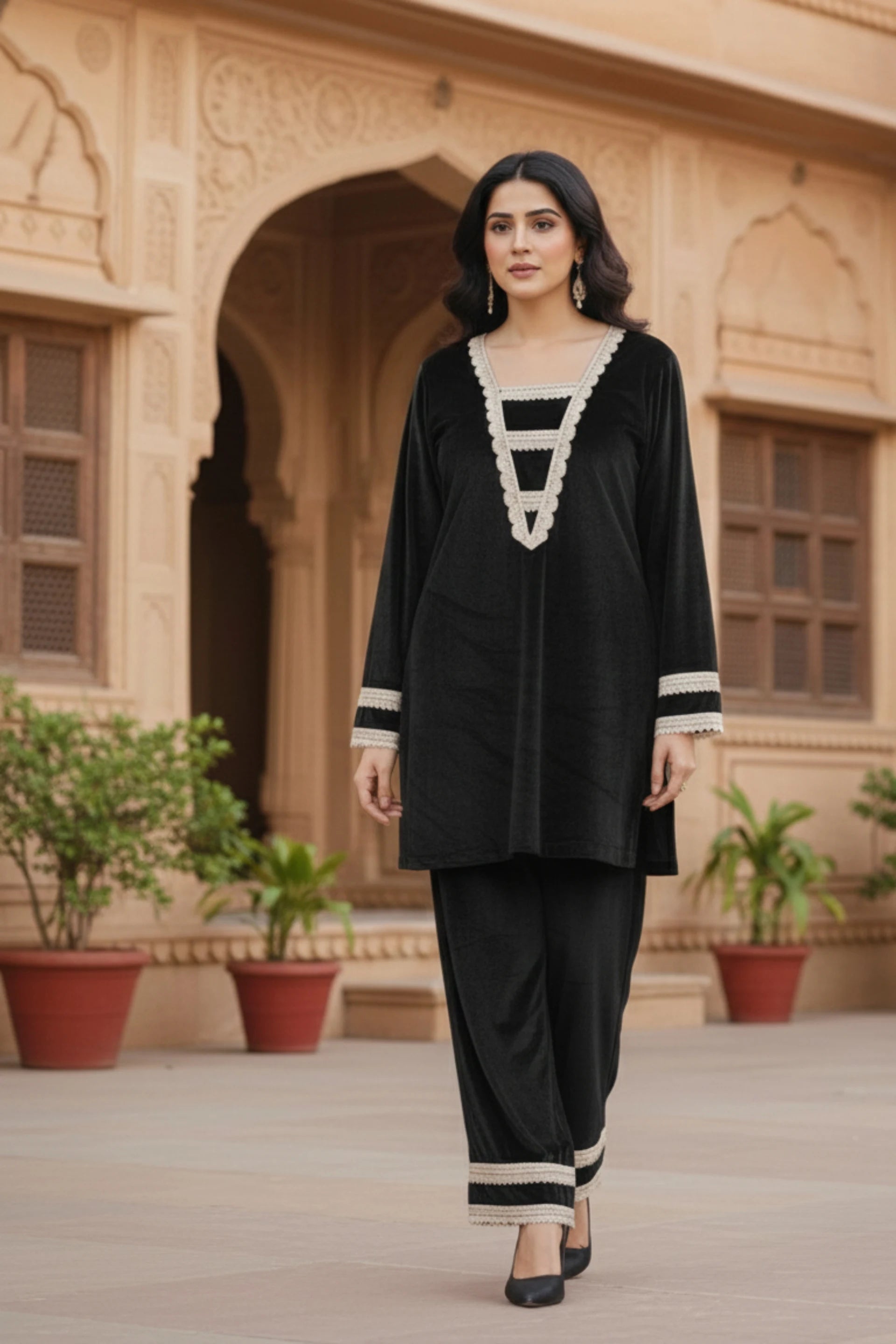 Women velvet kurta palazzo set, party wear kurta pant set for women, festive ethnic suit set