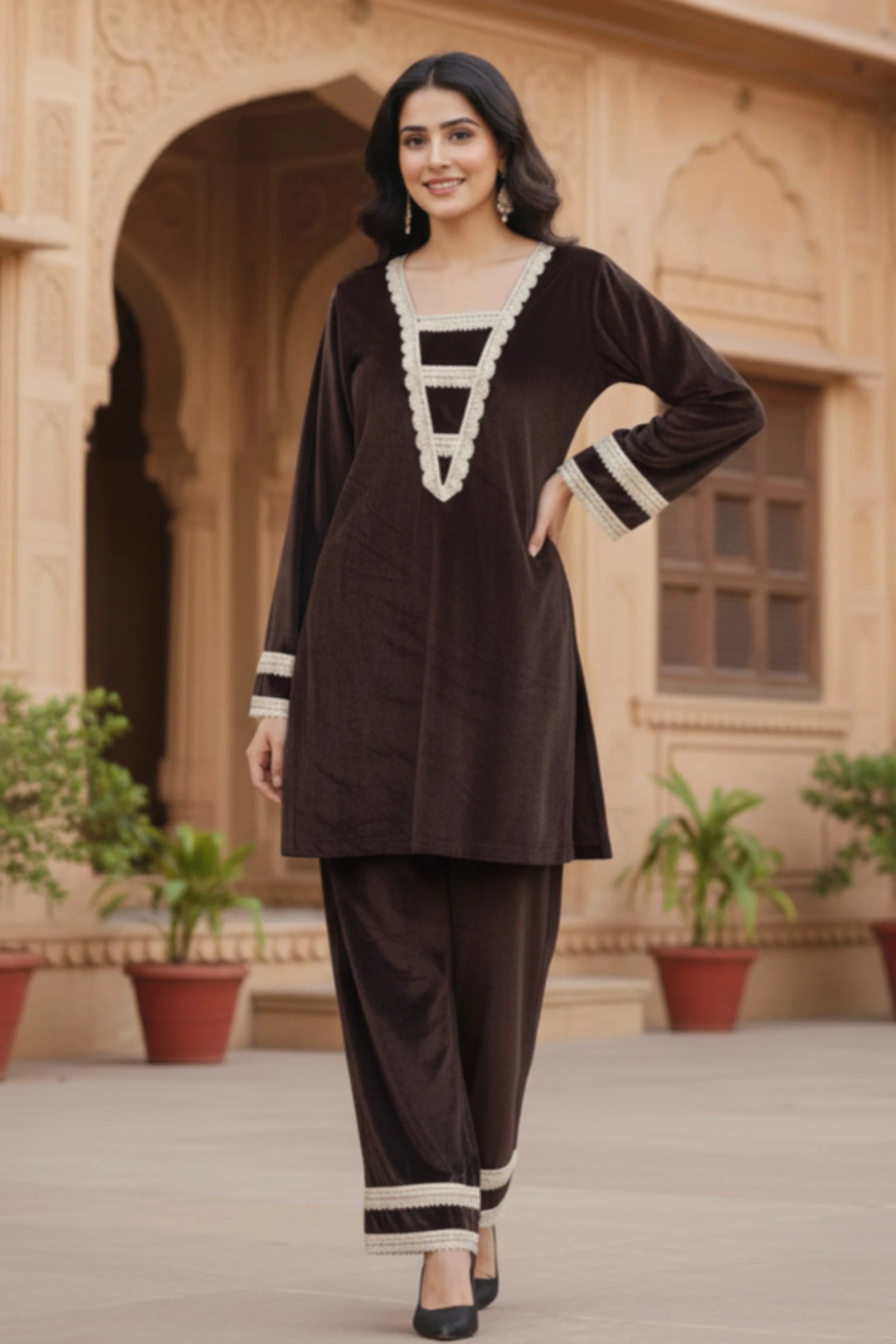 Women velvet kurta palazzo set, party wear kurta pant set for women, festive ethnic suit set