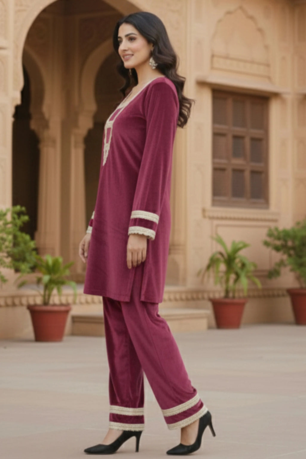 Women velvet kurta palazzo set, party wear kurta pant set for women, festive ethnic suit set