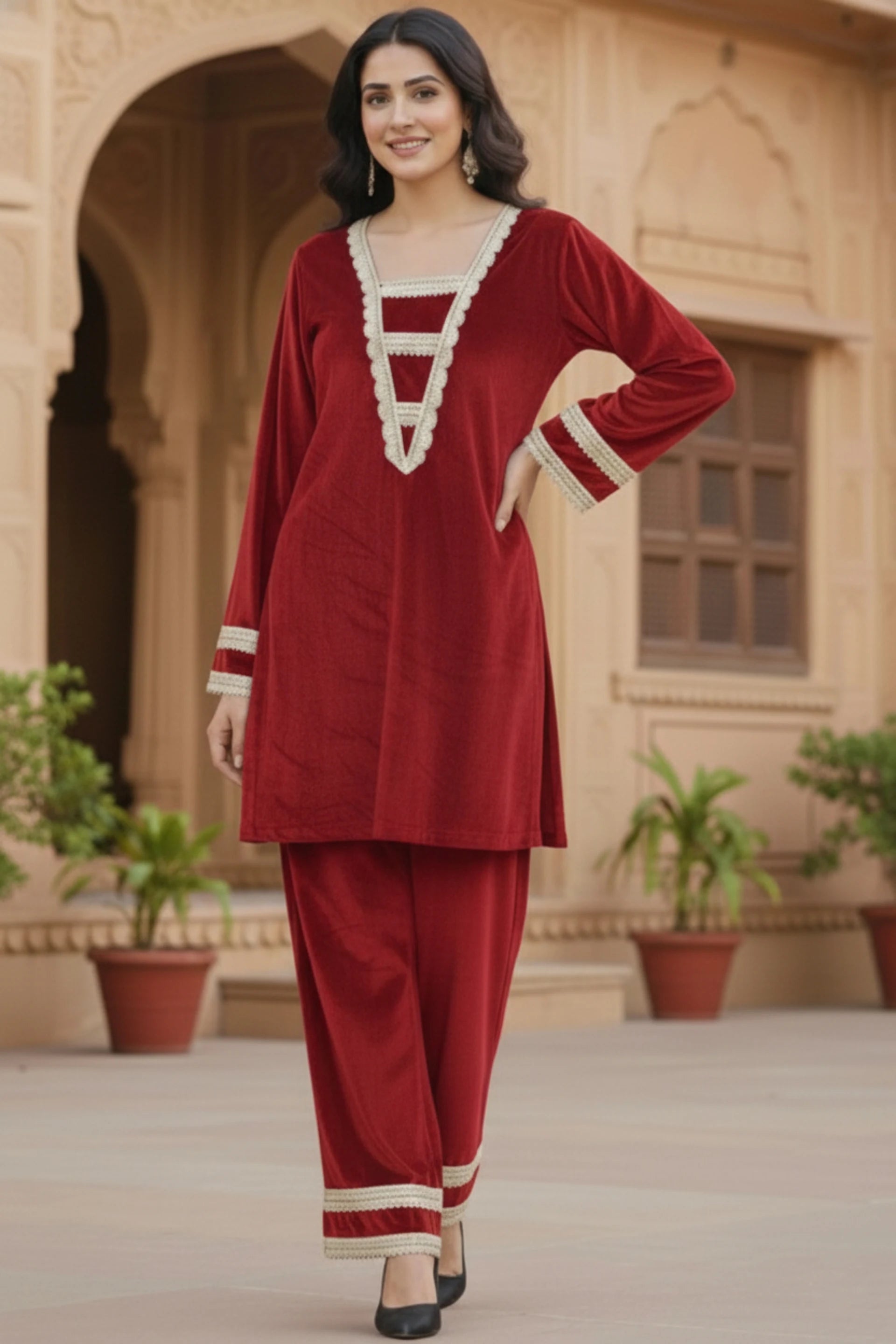 Women velvet kurta palazzo set, party wear kurta pant set for women, festive ethnic suit set 