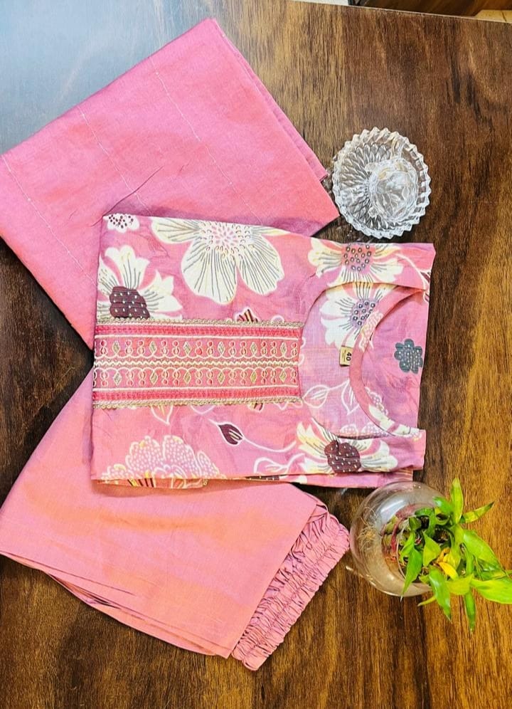 Dusty Rose Floral Printed Kurta Set with Solid Dupatta