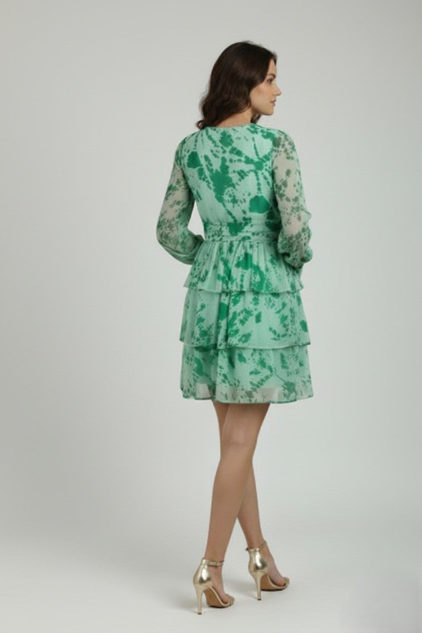 Green Floral Georgette Short Dress for Women