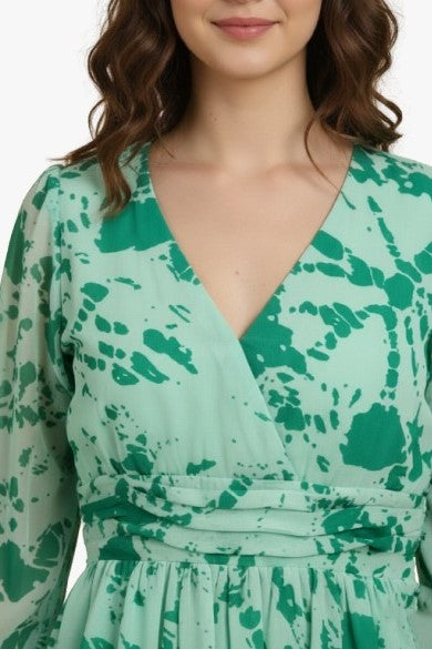 Green Floral Georgette Short Dress for Women